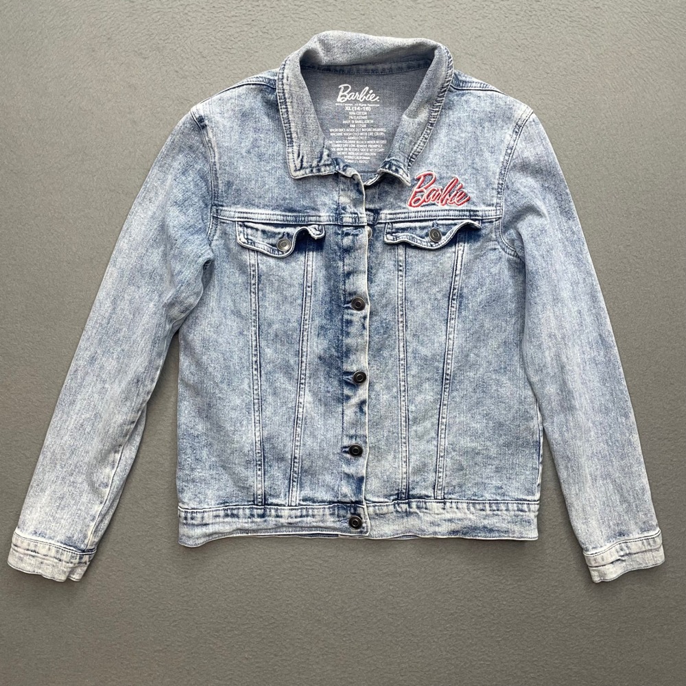 Barbie Girls Denim Jacket Cotton Acid Wash XL 14-16 Girl Revolution Graphic